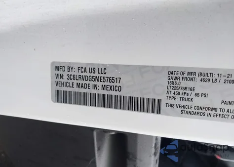 2021 Ram Promaster 2500 High Roof 159 Wb из США, поврежденный, VIN 3C6LRVDG5ME576517